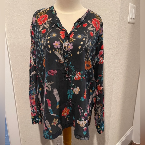 Johnny Was Ellamo Floral-Print Black Boxy Long Sleeve Top Cupra Rayon Small NWOT - Picture 3 of 8
